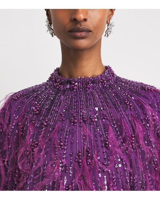 Pamella Roland Purple Tulle Embellished Feather-Trim Gown