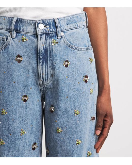 Veronica Beard Blue Embellished Kasey Mid-Rise Wide-Leg Jeans
