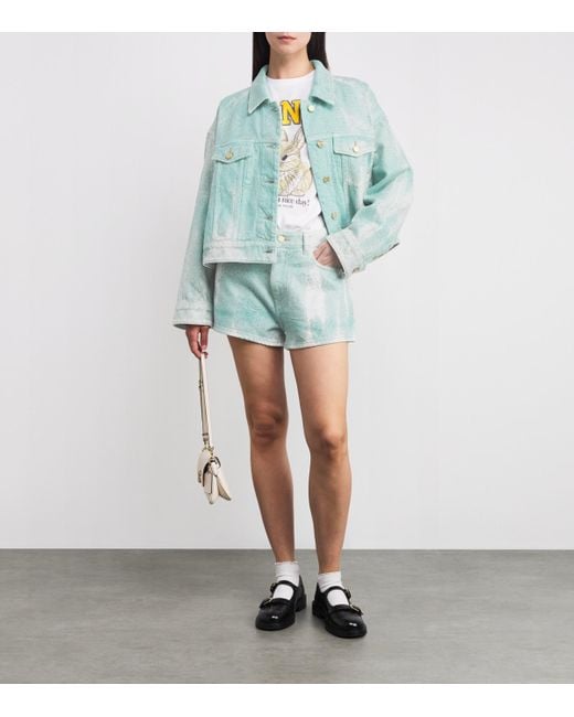 Ganni Blue Embellished Washed Denim Shorts