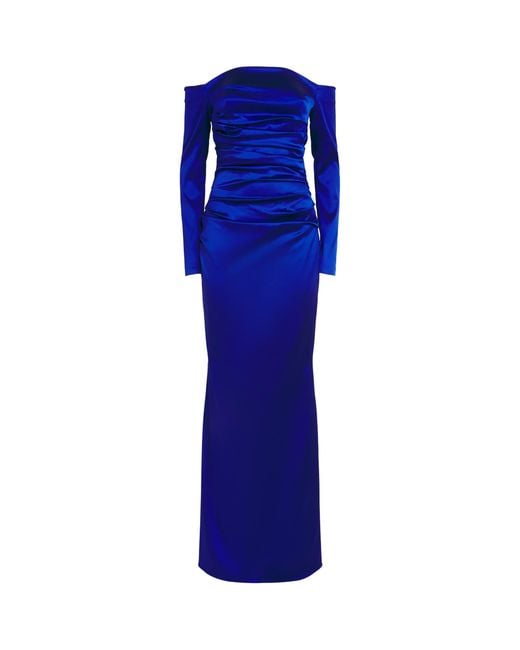 Talbot Runhof Blue Stretch-Satin Gathered Column Gown