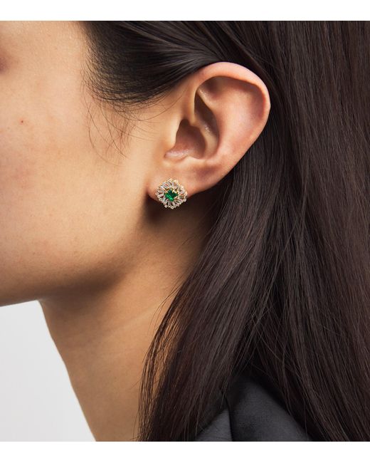Suzanne Kalan Metallic Diamond And Emerald Flower Stud Earrings