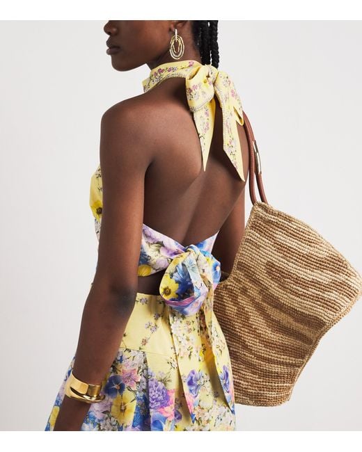 Camilla Metallic Linen-Silk Darling Buds Halter Top