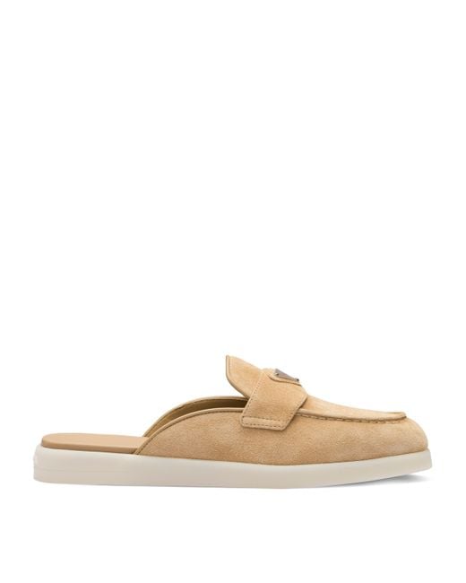 Prada Natural Suede Triangle Mules
