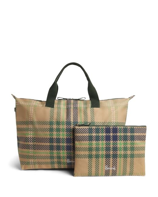 Harrods Green Tartan Packable Overnight Tote Bag
