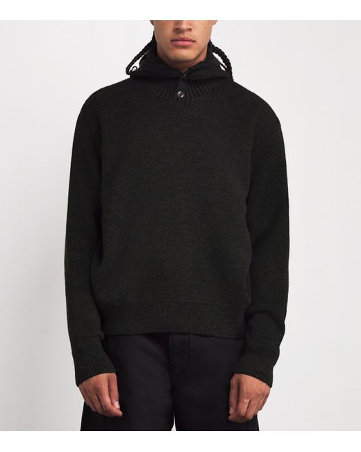 Lemaire Black Wool-Blend Button-Hood Sweater for men