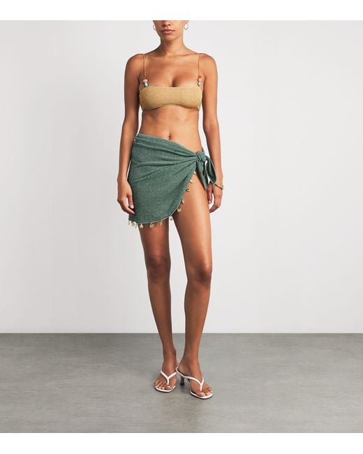 Oseree Green Metallic Embellished Lumière Mini Pareo Skirt