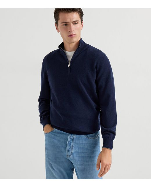 Brunello Cucinelli Blue Cashmere Quarter-Zip Sweater for men