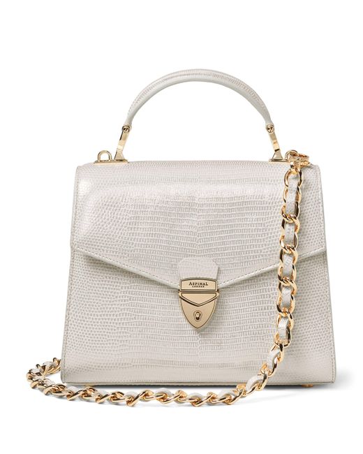 Aspinal White Metallic Lizard-Effect Midi Mayfair 2 Bag