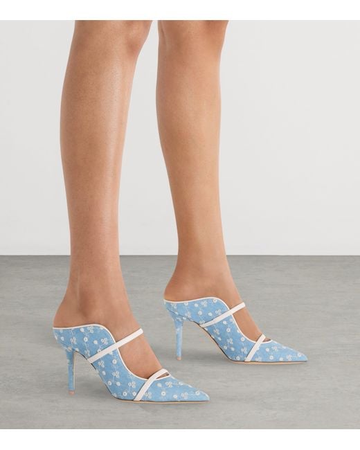 Malone Souliers Blue Denim Floral Maureen Heeled Mules 85