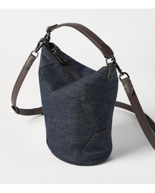 Brunello Cucinelli Blue Small Denim-Effect Bucket Bag