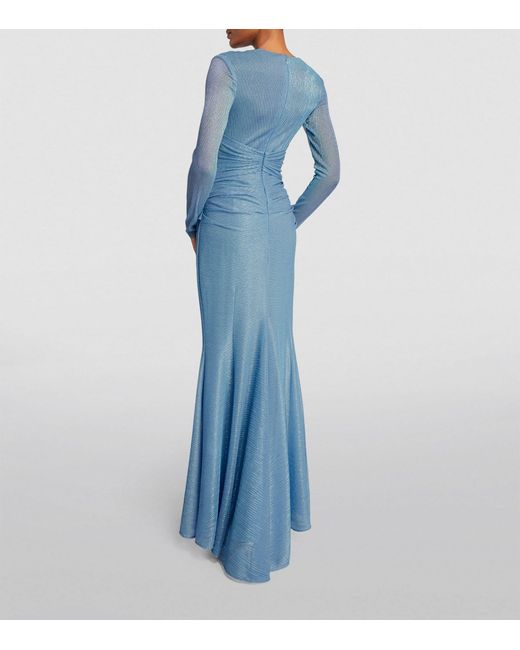 Talbot Runhof Blue Metallic Draped Maxi Dress