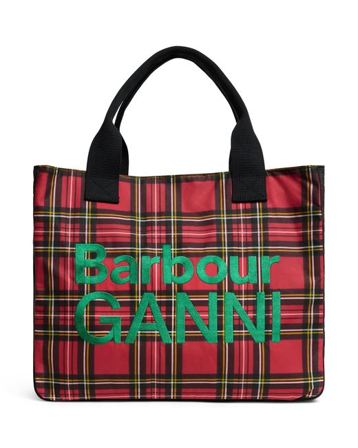 Barbour Red X Ganni Waxed Tartan Tote Bag