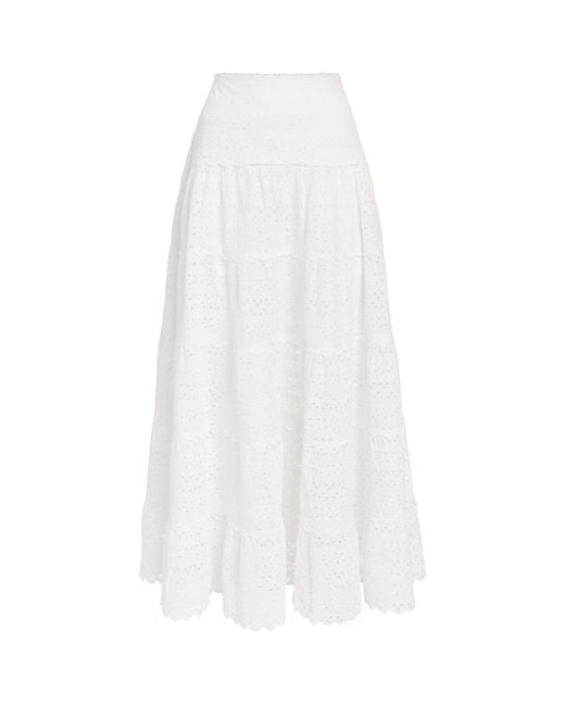 Rixo White Cotton Embroidered Ripeka Midi Skirt