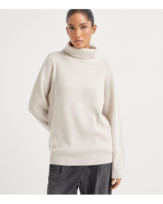 Brunello Cucinelli White Cashmere High-Neck Sweater