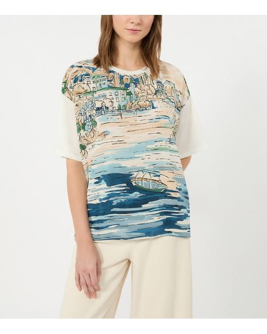 Weekend by Maxmara Blue Stretch-Cotton Silk-Trim Printed T-Shirt