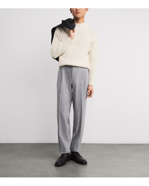 Isaia White Cashmere Rib Mock-Neck Sweater for men
