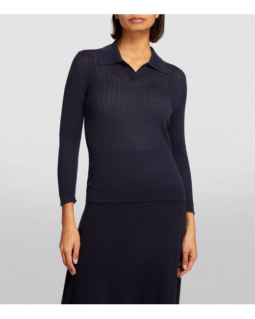 Johnstons Blue Merino Wool Ribbed Polo Sweater