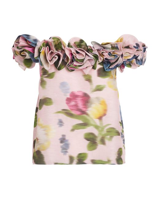 Carolina Herrera Pink Linen-Silk Floral Off-The-Shoulder Top