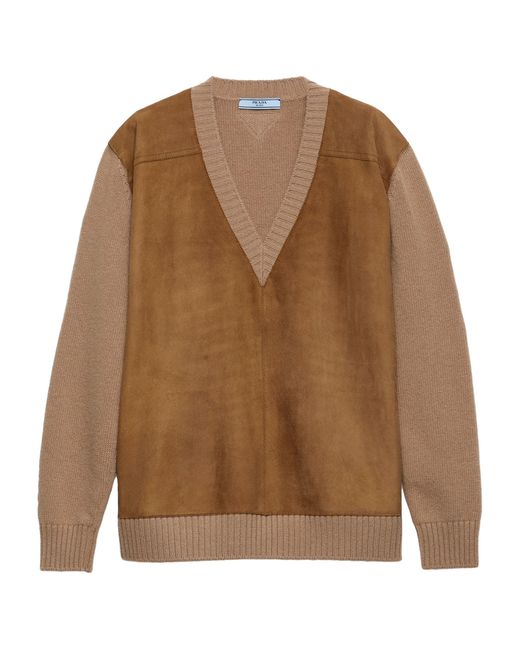 Prada Brown Wool-Cashmere Suede-Trim Sweater