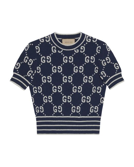 Gucci Blue Cotton Gg Jacquard Sweater