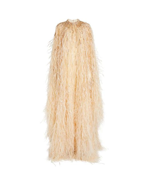 Pamella Roland Natural Embellished Ostrich Feather Kaftan Gown