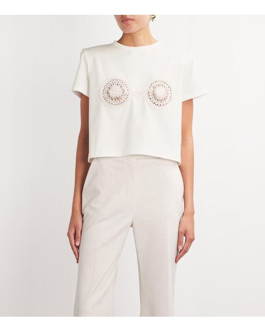 Magda Butrym White Cotton Crochet-Embellished T-Shirt