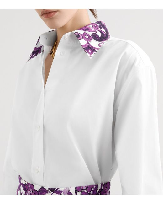 Dolce & Gabbana White Cotton Majolica Print-Detail Shirt