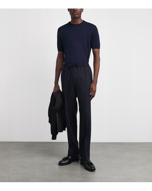 Corneliani Blue Linen-Virgin Wool-Mohair Drawstring Trousers for men