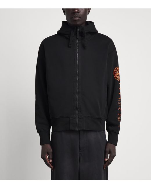 Stone Island Black Oversized Compass Zip-Up Hoodie for men