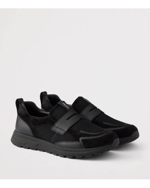 Prada Black Leather-Mesh Sneakers for men