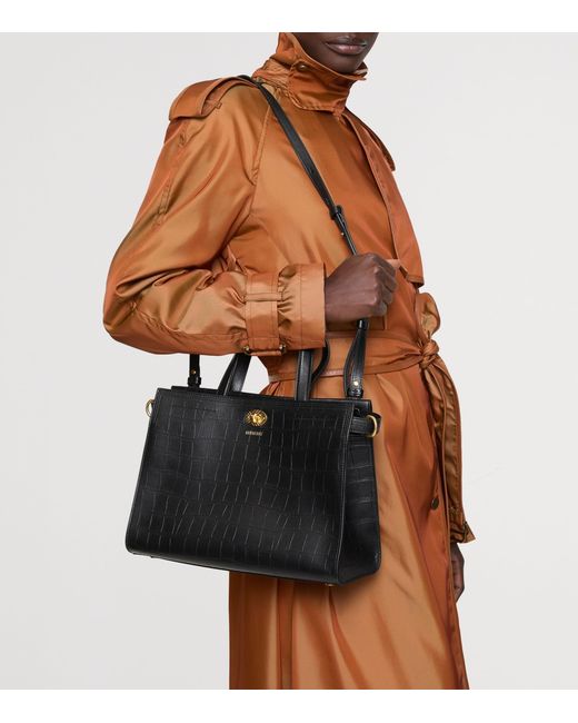 Burberry Black Small Calfskin Croc-Embossed Cotswolds Tote Bag
