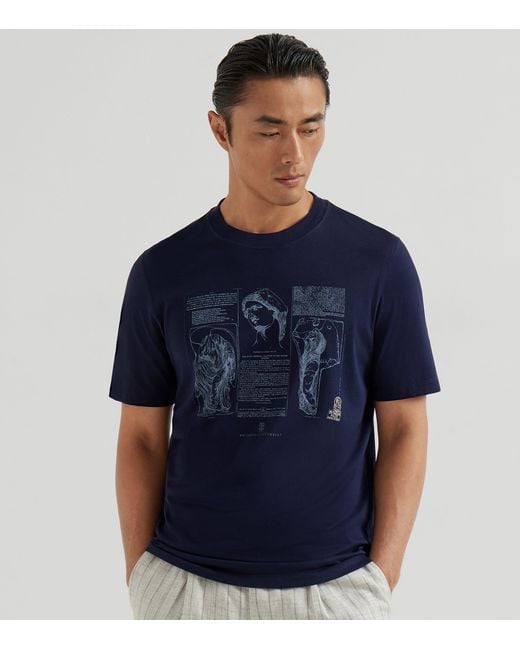 Brunello Cucinelli Blue Cotton Elgin Marbles T-Shirt for men