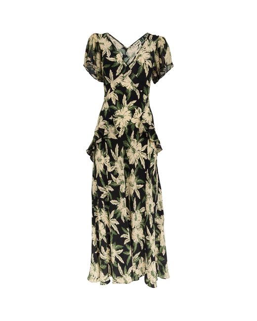 Rixo Green Hibiscus Print Evie Midi Dress