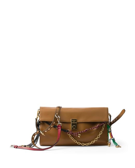 Prada Brown Large Leather Soft Sound Charm Shoulder Bag