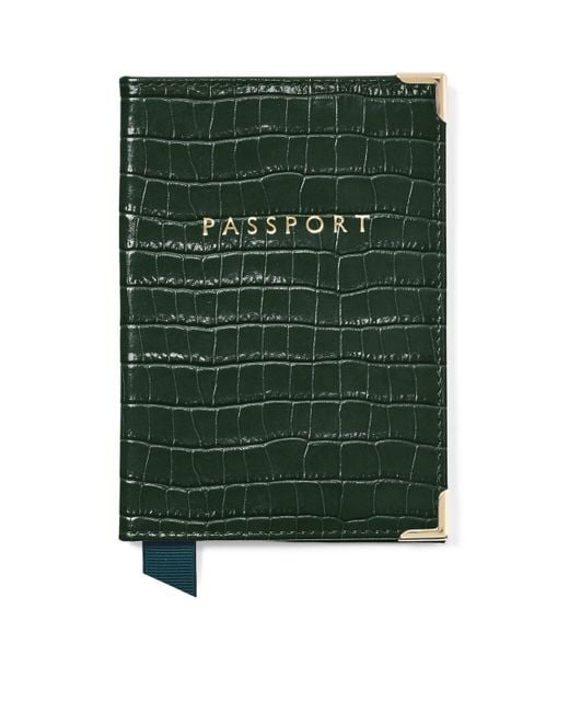 Aspinal Green Leather Passport Cover for men