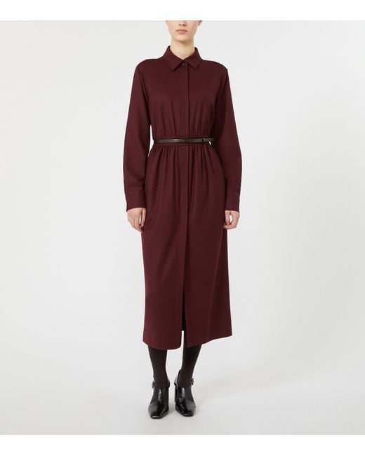 Max Mara Red Stretch-Virgin Wool Belted Shirt Dress