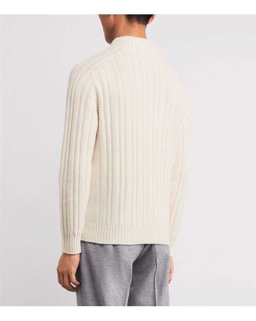 Isaia White Cashmere Rib Mock-Neck Sweater for men