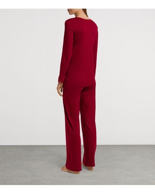 Hanro Red Cotton Lace-Trim Pyjama Set