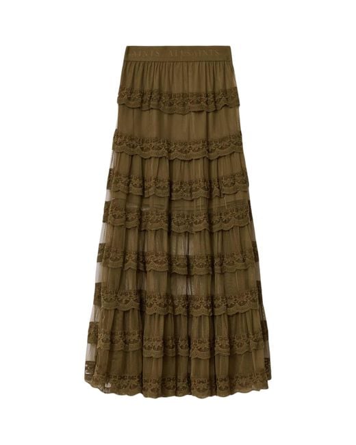 AllSaints Green Lace Tiered Maggie Maxi Skirt