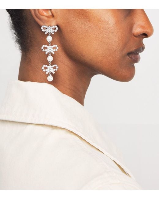 Self-Portrait White Crystal And Faux Pearl Bow Tiered Earrings