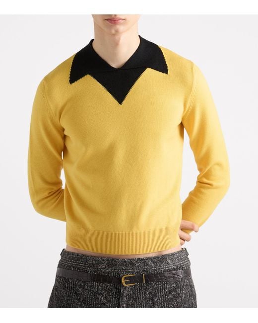 Prada Yellow Wool Long-Sleeve Polo Shirt for men