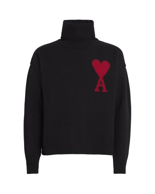 AMI Black Virgin Wool Logo Rollneck Sweater for men