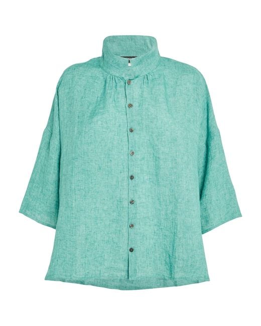 Eskandar Green Linen Cropped-sleeve Shirt