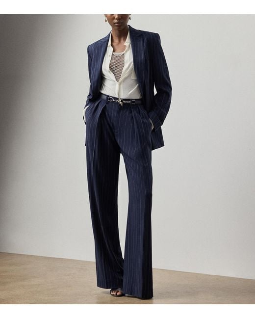Ralph Lauren Blue Wool Pinstripe Jody Wide-Leg Trousers