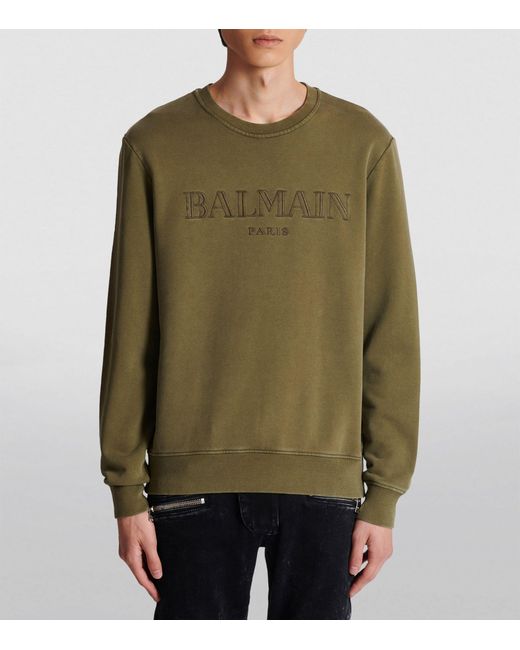Balmain Green Cotton Embroidered Sweatshirt for men