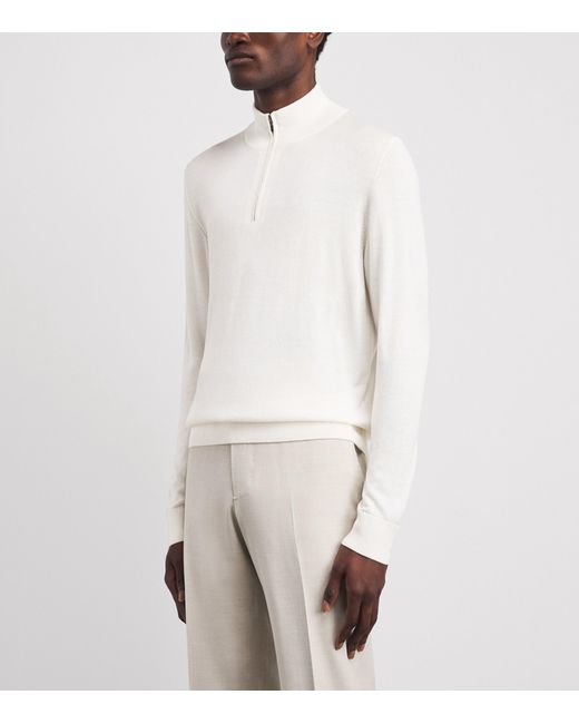Isaia White Silk-Cashmere Quarter-Zip Sweater for men