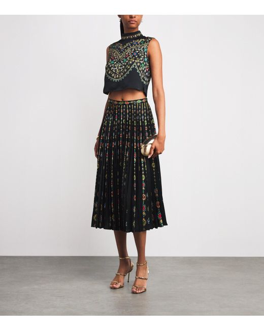 Saloni Black Satin Pendant Stripe Print Pleated Midi Skirt