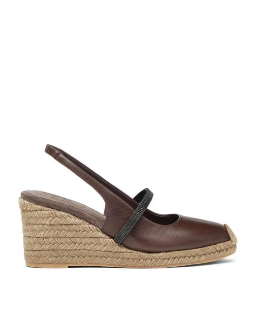 Brunello Cucinelli Brown Leather Precious Strap Espadrille Wedges 60
