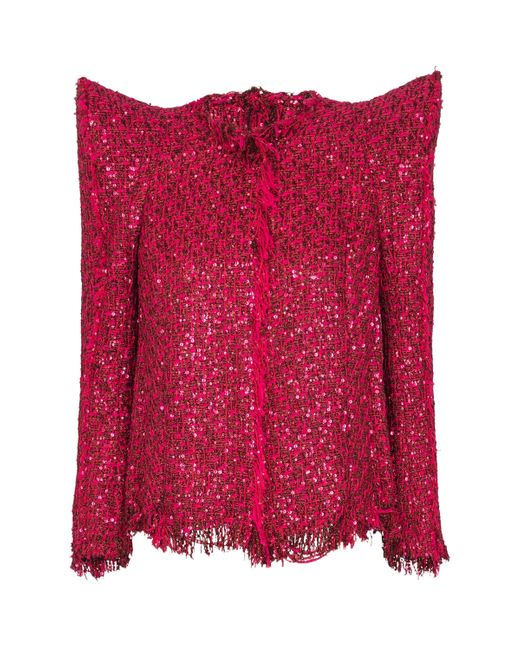 Balmain Red Tweed Sequin-Embellished Jacket