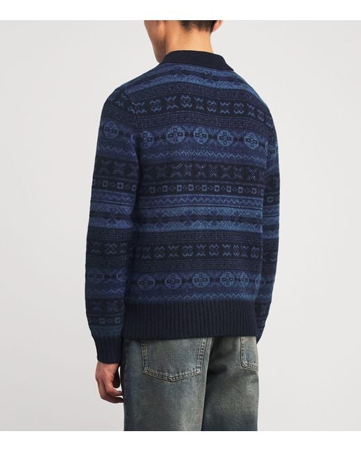 Ralph Lauren Blue Wool-Linen Fair Isle Polo Sweater for men